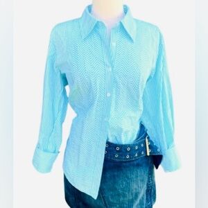 TALBOTS- Aqua Blue & White Button Down Shirt